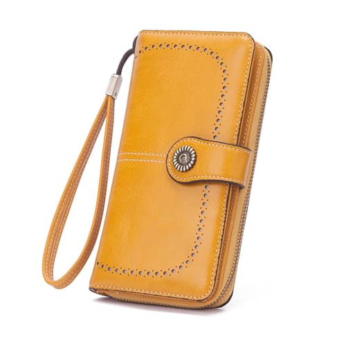 KXQYIKYI Damen-Geldbörse, Vintage-Geldbörse aus geöltem gewachstem Leder, Lange Skelett-Geldbörse, multifunktionale Multi-Karten-Organizer-Tasche mit großer Kapazität, Pfauenblau von KXQYIKYI