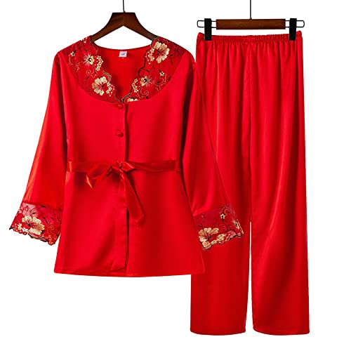 KXQYIKYI Eisseiden-Pyjama für Damen, Satin, langärmelige Hose, zweiteilig, sexy Spitze, lockeres Damen-Outfit, Heimkleidung, Heimkleidung (Rot S) (Rot S) von KXQYIKYI