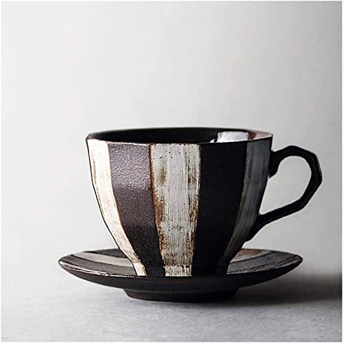 KXQYIKYI Kaffeetassen, klassisches gestreiftes Steinzeug-Kaffeetasse und Untertassen-Set, Haushalts-Teetasse, Retro-Kunst-Kaffeetasse, handgefertigt, 7,5 Unzen für Kaffee, Milch, Kaffeetasse von KXQYIKYI