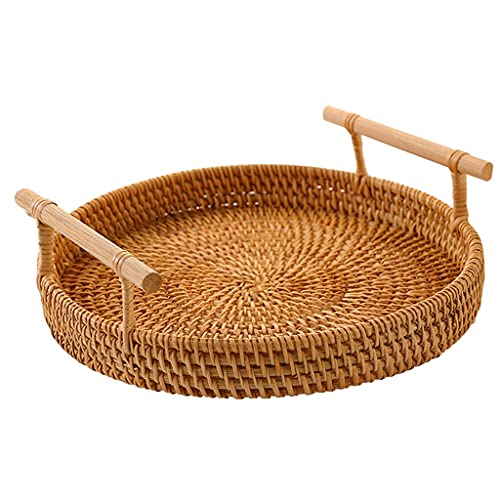 KXQYIKYI Serviertablett Couchtisch Tablett Rattan Obst Frühstückstablett Dekorative Tablett Tabletts mit Griff für Zuhause Wohnzimmer (Farbe: Natur, Größe: 28 * 4 cm) (Natur 28 * 4 cm) von KXQYIKYI