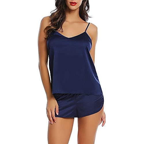 KXQYIKYI Sexy Damen-Nachtwäsche, Pyjama mit V-Ausschnitt, ärmellos, niedlicher Cami-Pyjama für Damen (Schwarz S) (Schwarz S) (Marineblau S) von KXQYIKYI