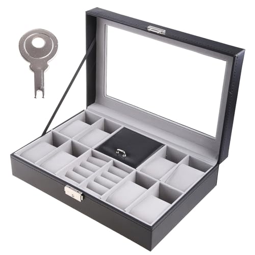 KXQYIKYI esmen Schmucketui, 11,8 Zoll, multifunktionale Uhrenbox, verschließbare Schmuckschatulle mit transparentem Glasdeckel, Uhrenaufbewahrungsbox für Uhren, Armbänder, Ringe, Organizer, von KXQYIKYI