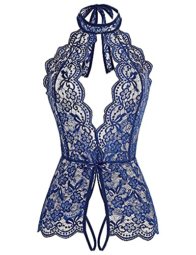 Unterwäsche Sexy Einteilige Aushöhlen Hängender Hals Offene Datei Bequeme Pyjamas Halter Spitze Strumpfhosen Kreative Unterwäsche (Color : Blue, Size : XXL) (Blau L) von KXQYIKYI