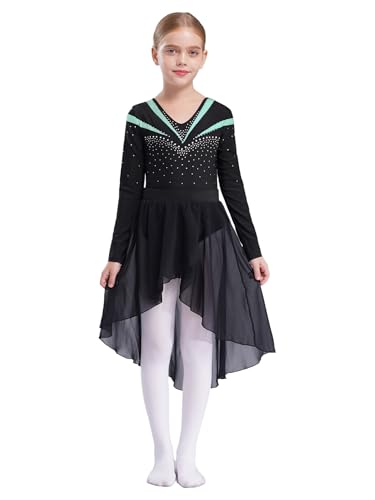 Kaerm Ballerinas Kleid Mädchen Kinder Ballett Body Strass Glitzer Trikot Langarm Leotard Mit Chiffon Rock Haarband Dancewear Hellgrün 146-152 von Kaerm