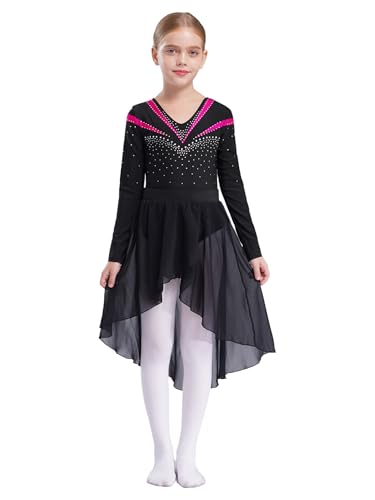 Kaerm Ballerinas Kleid Mädchen Kinder Ballett Body Strass Glitzer Trikot Langarm Leotard Mit Chiffon Rock Haarband Dancewear Hot Pink 158-164 von Kaerm