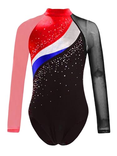 Kaerm Ballettkleidung Mädchen Kinder Langarm Turnanzug Strass Glitzer Ballett Body Farbblock Patchwork Leotard Tanzkostüm Burgundy 122-128 von Kaerm