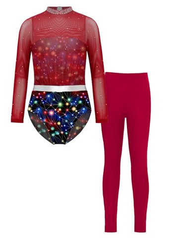 Kaerm Ballettkleidung Mädchen Langarm Trikotanzug Stehkragen Body Mesh Patchwork Tanztrikot Motiv Mit Lang Hose Leggings Dancewear Burgundy 158-164 von Kaerm