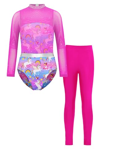 Kaerm Ballettkleidung Mädchen Langarm Trikotanzug Stehkragen Body Mesh Patchwork Tanztrikot Motiv Mit Lang Hose Leggings Dancewear Hot Pink 110-116 von Kaerm