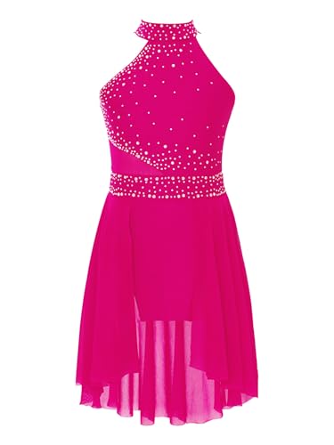 Kaerm Eislaufkleid Kinder Mit Strass Glitzer Ballettkleid Ärmellos Tanzkleid Lyrisch Neckholder Trikotanzug Asymetrisch Tanzrock Dancewear Hot Pink 122-128 von Kaerm