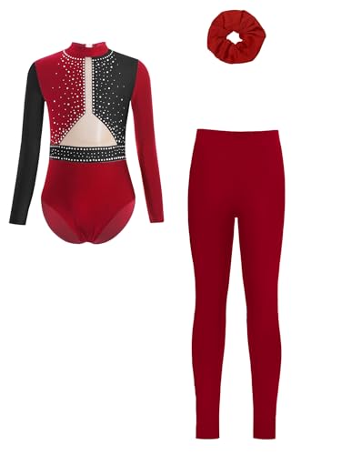 Kaerm Kinder Gymnastikanzug Mädchen Langarm Ballettanzug Strass Glitzer Turnbody Stehkragen Trikot Mit Turnhose Haarband 3tlg Dancewear Burgundy 110-116 von Kaerm