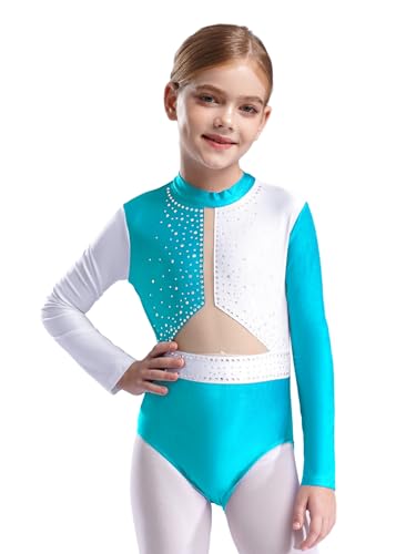 Kaerm Kinder Gymnastikanzug Mädchen Langarm Balletttrikot Strass Glitzer Tanzbody Stehkragen Trikotanzug Mit Mesh Patchwork Dancewear Blau Grün 134-140 von Kaerm