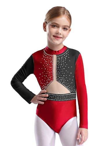 Kaerm Kinder Gymnastikanzug Mädchen Langarm Balletttrikot Strass Glitzer Tanzbody Stehkragen Trikotanzug Mit Mesh Patchwork Dancewear Burgundy 146-152 von Kaerm