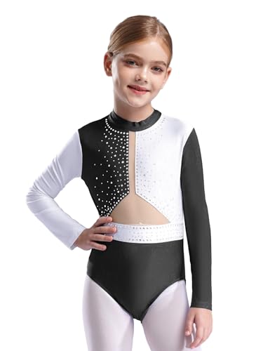 Kaerm Kinder Gymnastikanzug Mädchen Langarm Balletttrikot Strass Glitzer Tanzbody Stehkragen Trikotanzug Mit Mesh Patchwork Dancewear Schwarz 134-140 von Kaerm