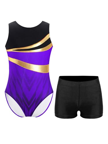 Kaerm Kinder Junge Ballett Body Ärmellos Tanztrikot Metallic Patchwork Leotard Mit High Waist Shorts 2tlg Dancewear Violett 134-140 von Kaerm