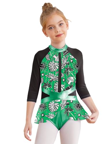 Kaerm Kinder Mädchen Ballettanzug 3/4 Ärmel Trikotanzug Stehkragen Body Rüschen Volants Tanztrikot Cut Out Dancewear Grün 122-128 von Kaerm