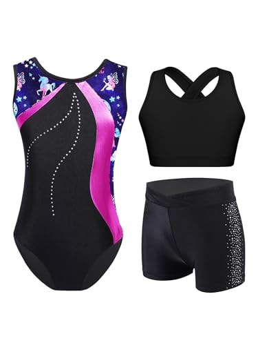 Kaerm Kinder Mädchen Ballettanzug Strass Glitzer Gymnastik Body Mit Racerback Sport BH Stretch Tanz Shorts 3tlg Dancewear Marineblau und Pink 122-128 von Kaerm