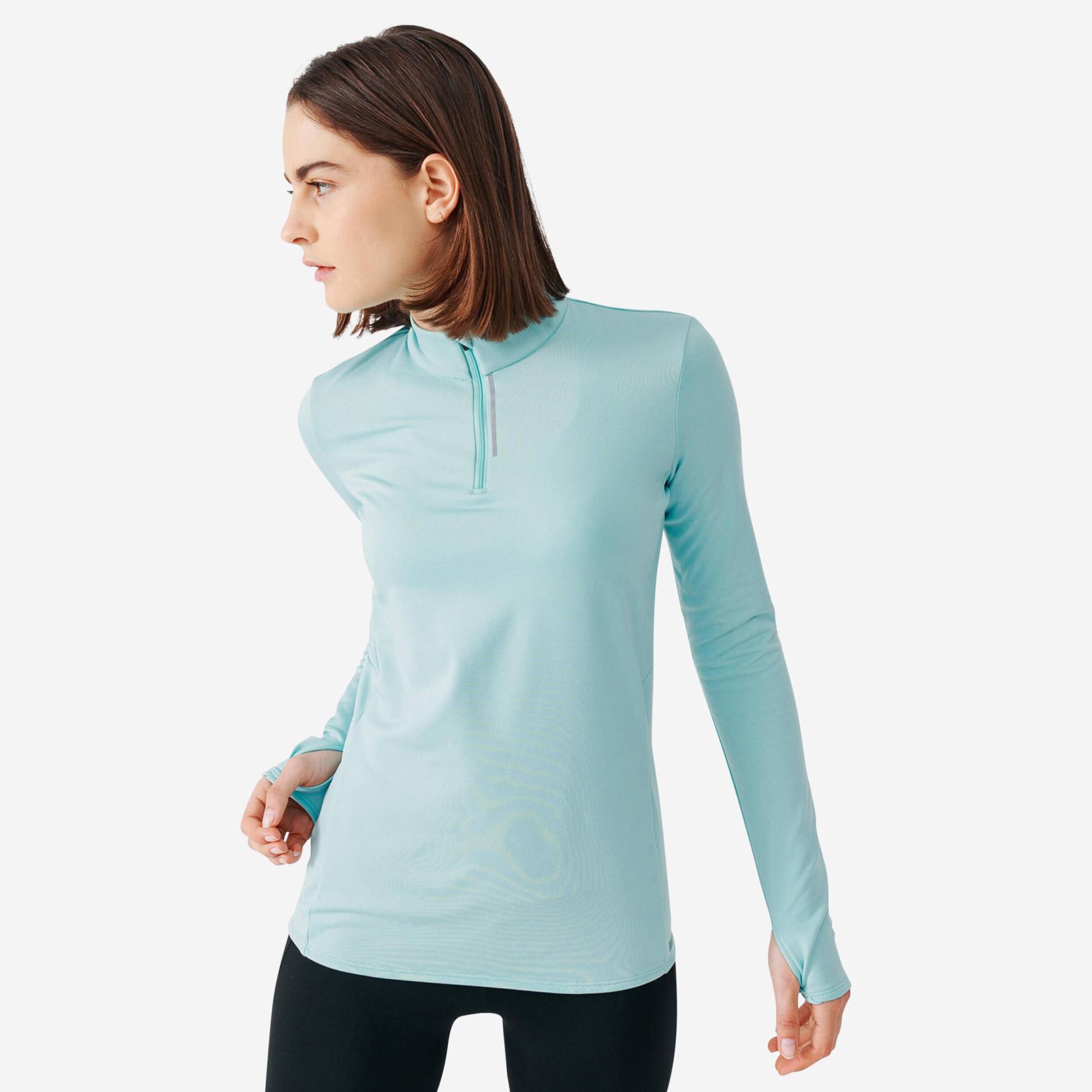 Laufshirt langarm Damen warm - Zip hellblau von Kalenji