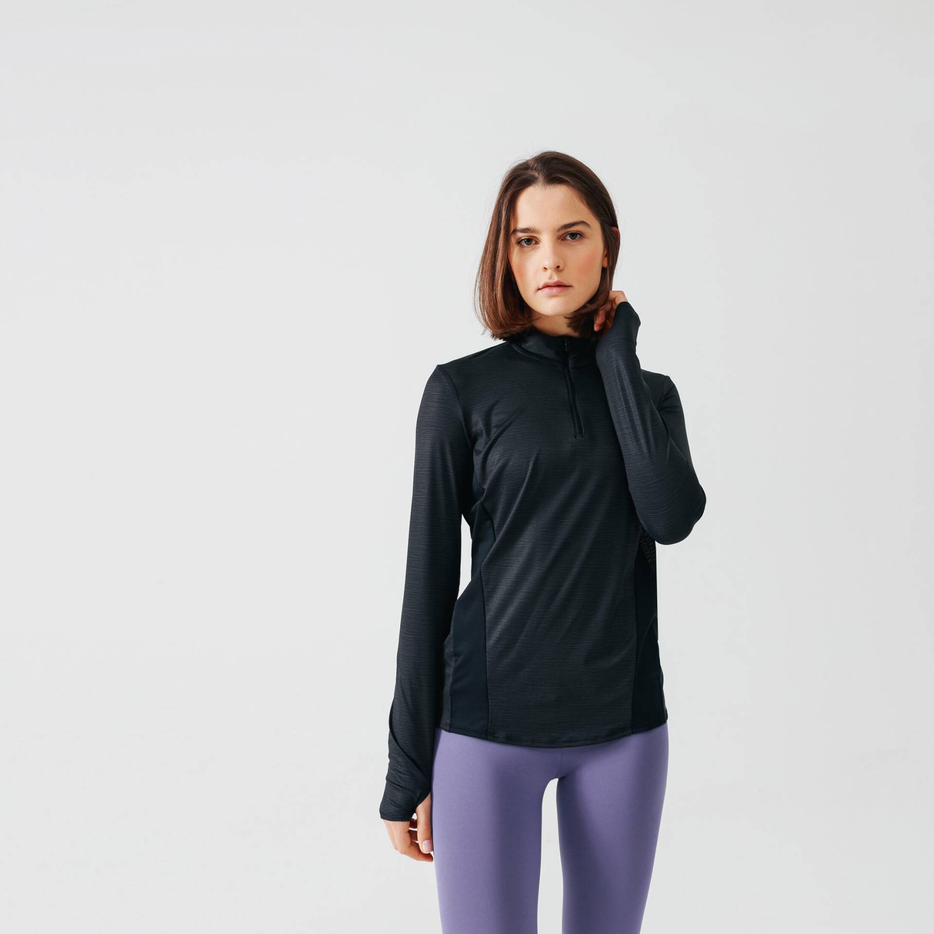 Laufshirt langarm 1/2 Zip Dry+ Damen schwarz von Kalenji