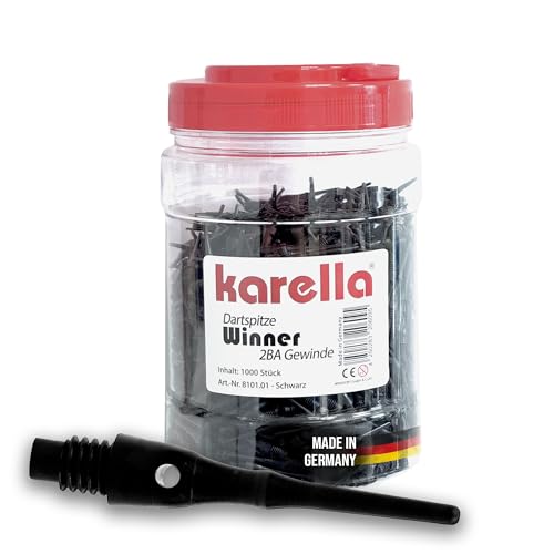 Karella Profi Dartspitzen Winner, Made in Germany, 2BA Gewinde, 1000 Stück, extrem stabile Dartspitzen aus Kunststoff, äußerst langlebig, Softdart Spitzen, Soft Tips, schwarz von Karella