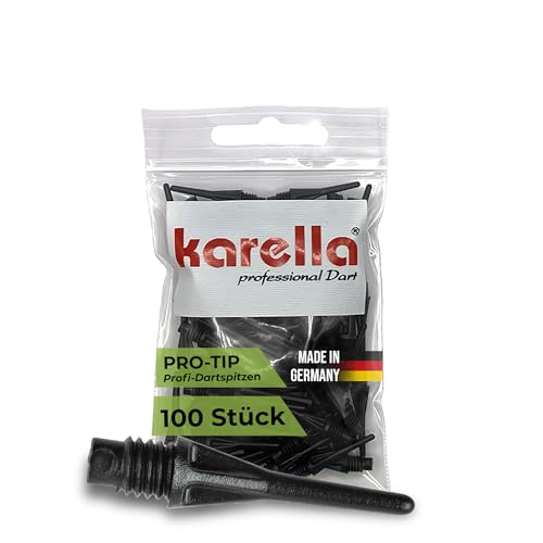 Karella Dartspitzen Pro-Tip, Made in Germany, stabile Dartspitzen Kunststoff, Softdart Spitzen, Dart Spitzen elektronische Dartscheibe, Perfekter Halt im Dartautomat, 100 STK, 2BA Gewinde, schwarz von Karella