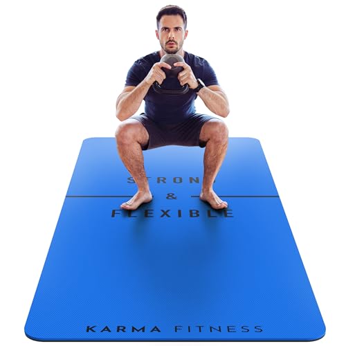 Große Trainingsmatte extra breite und extra dicke Yogamatte (183 cm x 80 cm x 10 mm) TPEFitnessmatte mit kostenlosen Tragegurten perfekt für HiiTHeimWorkouts & Pilates Stark & flexibel (blau) von Karma Fitness