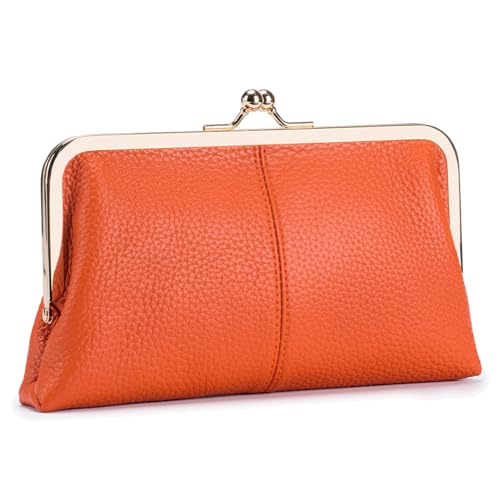 Karoukee Weiches Echtleder Geldbörse für Frauen, Vintage Style Damen Handy Geldbeutel, Elegantes Portemonnaie mit 8 Kartenfächern, Goldener Kuss-Schloss-Verschluss, Orange Karoukee Weiches Echtleder Geldbörse für Frauen, Vintage Style Damen Handy Geldbeutel, Elegantes Portemonnaie mit 8 Kartenfächern, Goldener Kuss-Schloss-Verschluss, Orange von Karoukee