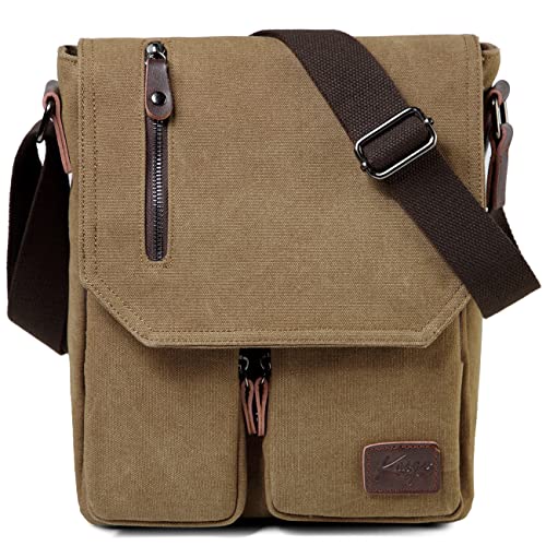 Kasgo Kleine Umhängetasche, Wasserabweisend Vintage Segeltuch Herrentasche Schultertasche Klassische Kuriertasche Herren Crossbody für Arbeit Schule Khaki von Kasgo