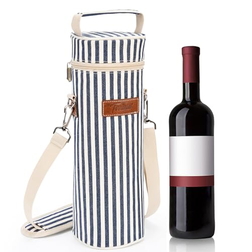 Kato Tirrnia Isoliert Wein Eisbeutel für 1 Flasche Wein, Tragbare Weintasche mit Riemen für Picknick Party BYOB Restaurant Weinprobe, Blaue Streifen, 11 × 34cm von Kato Tirrinia