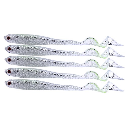 5 Stück 13 cm PVC Künstliche Weiche Angelköder Fischköder Tackle Bass Snakehead Forelle mit Schwanz für den Großen Fischfang, Ideal Zum Angeln (Silver) von Keenso