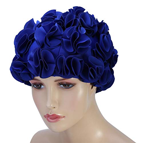 Keenso Damen Badekappe, Retro 3D Blumen Schwimmmütze Bademütze Damen Lange Haare Elastisch Badekappe für Damen und Mädchen (Blau) von Keenso