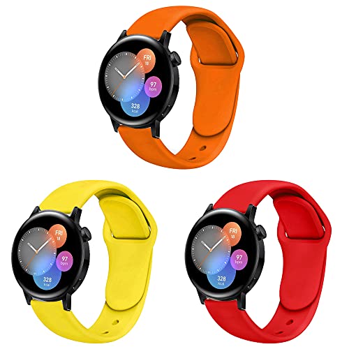 Silikon Armband kompatibel mit Huawei Watch GT3 42mm Sport Uhrenarmband 3 Stück Silikon Ersatzarmband für Huawei Watch GT3 42mm 20mm Ersatzband für Herren Damen (orange gelb rot,20mm) von Kemikeji