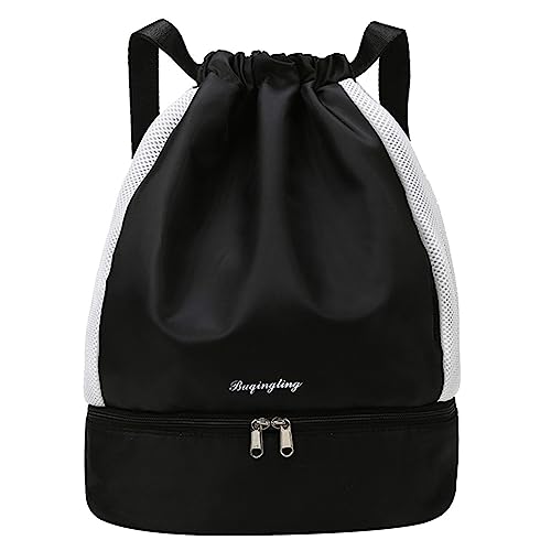 Kexpery Basketballtasche mit Kordelzug, mit Schuhfach, Sportrucksack mit Netztaschen für Yoga, Sport, Fitness, Schwarz von Kexpery