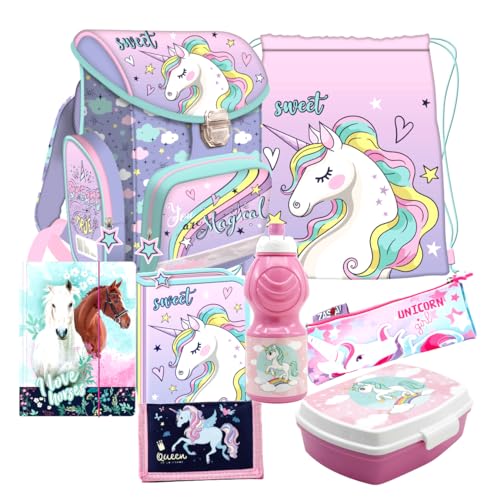 Einhorn Unicorn Pferd Pony Horse 8 Teile Set Schulranzen Schultasche Ranzen Tornister Federmappe mit Sticker-von-Kids4shop von kids4shop