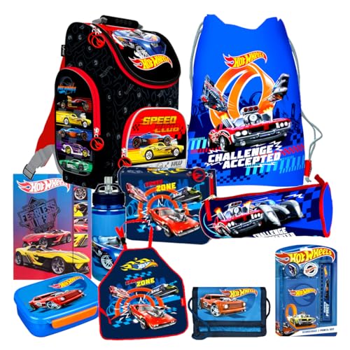 Hot Wheels Cars 10 Teile Set Schulranzen Ranzen Federmappe Tornister Malschürze mit Sticker-von-Kids4shop von Kids4shop