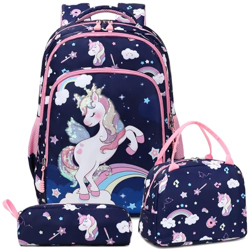 Kimwadalh Pailletten Kinderrucksack Mädchen Einhorn Rucksack Schulranzen Niedliche Kinder Schultasche 3 TLG. Set Primarschule Daypack Rucksack für Schule Reisen von Kimwadalh