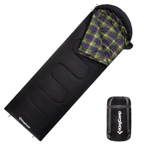 KingCamp Schlafsack, vielseitig einsetzbar, komplett entfaltbar Schlafsack Outdoor mit Baumwoll-Touch-Print-Innenfutter, leicht tragbar wasserabweisend, für Outdoor Camping, (Schwarz L Zip, 220×75cm) von KingCamp