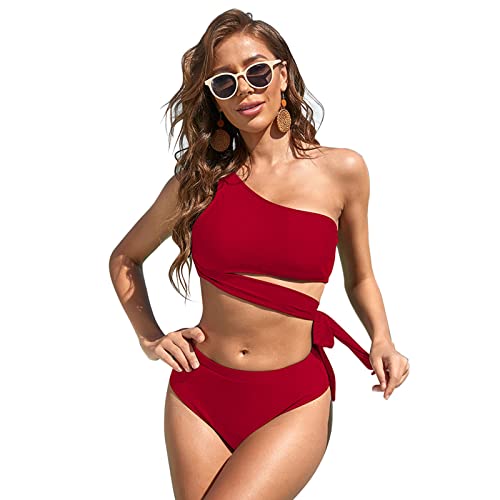 Kingke 2 x Bikini-Swimsuit-Top, einschulterig, Knoten, seitliche Bandage, ausgeschnittener Bikini-Druck, hohe Bademode, Strandparty von Kingke