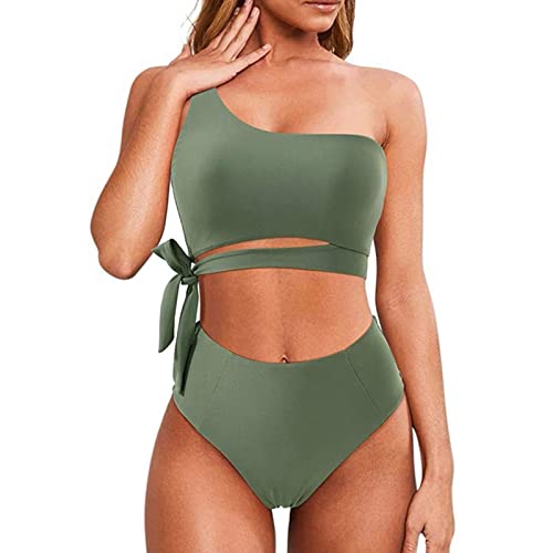 Kingke Zweiteilige Bademode für Damen und Mädchen, Schnür-Bikinis-Set, modisch, einschultrig, Leopardenmuster, Badeanzug von Kingke