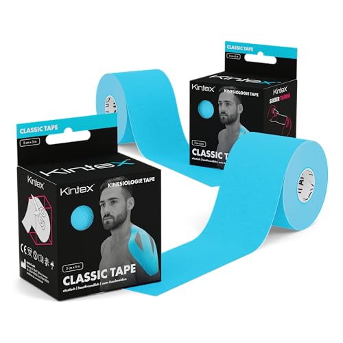 Kintex 2 Rollen Kinesiologie Tape Classic, 5 cm x 5 m, hautfreundliches & wasserfestes Kinesiologie Tape, Physio Tape, Medizinisches Tape (Blau) von Kintex