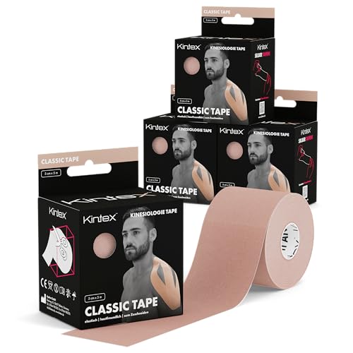 Kintex 4 Rollen Kinesiologie Tape Classic, 5 cm x 5 m, hautfreundliches & wasserfestes Kinesiologie Tape, Physio Tape, für Sport & Physiotherapie (Beige) von Kintex