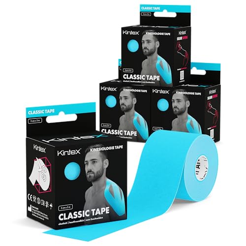 Kintex 4 Rollen Kinesiologie Tape Classic, 5 cm x 5 m, hautfreundliches & wasserfestes Kinesiologie Tape, Physio Tape, für Sport & Physiotherapie (Blau) von Kintex
