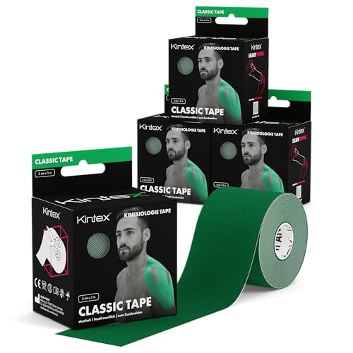 Kintex 4 Rollen Kinesiologie Tape Classic, 5 cm x 5 m, hautfreundliches & wasserfestes Kinesiologie Tape, Physio Tape, für Sport & Physiotherapie (Grün) von Kintex