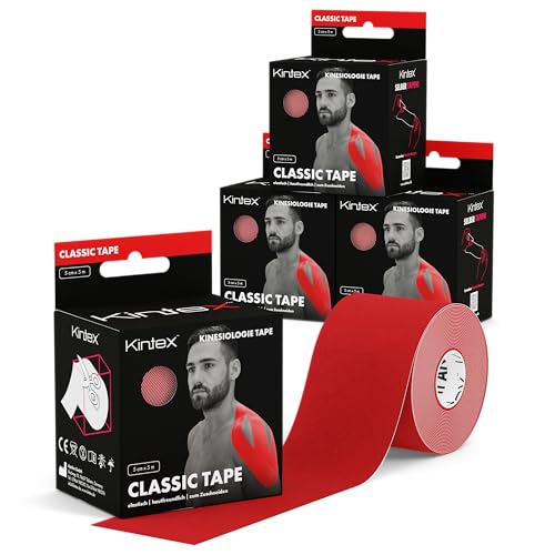 Kintex 4 Rollen Kinesiologie Tape Classic, 5 cm x 5 m, hautfreundliches & wasserfestes Kinesiologie Tape, Physio Tape, für Sport & Physiotherapie (Rot) von Kintex