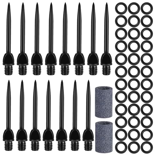 Kinwodon 15 Stück Steeldart Spitzen Dart Spitzen Steel mit 30 Gummiringe Dartspitzen Steel mit Gewinde Dartpfeile Metallspitze Steeldarts Spitzen für Dartpfeile Umrüsten Softdart mit 2 Schleifstein von Kinwodon