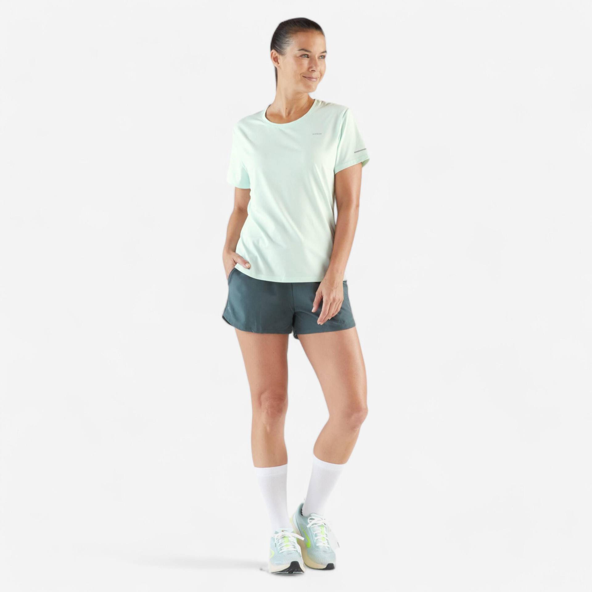 Laufshirt kurzarm Damen atmungsaktiv - Run 500 Dry blau/grün Laufshirt kurzarm Damen atmungsaktiv - Run 500 Dry blau/grün von Kiprun