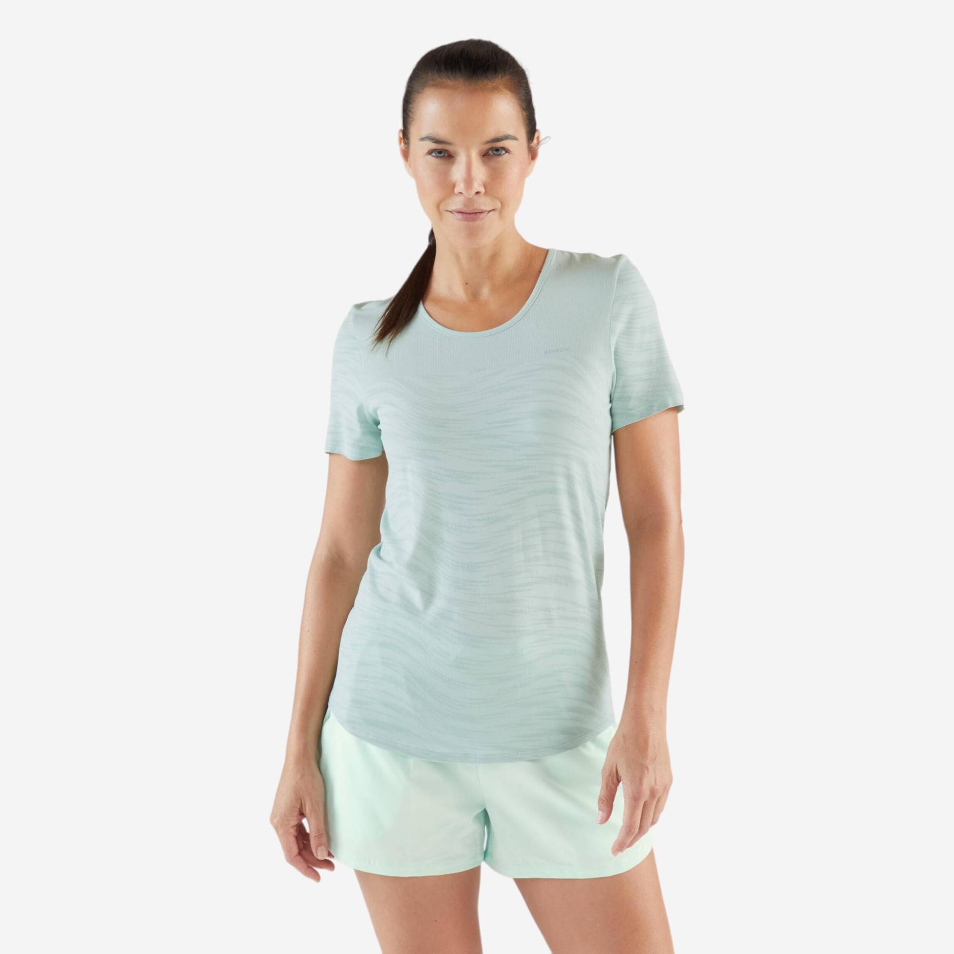 Laufshirt kurzarm Trailrunning Damen nahtlos - Run 500 Comfort grün von Kiprun