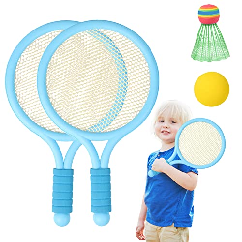 Tennisschläger-Set für Kinder, 2 Tennisschläger mit 1 Badminton-Federball und 1 weichem Tennisball, Kinder-Tennisschläger (über 3 Jahre) für Kleinkinder, Indoor/Outdoor-Sport, Blau von Kisbeibi
