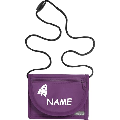 Kiwistar - Brustbeutel lila - Rakete - 13 x 10 cm Geldbeutel zum umhängen - Geldbörse für Jungen & Mädchen mit Namen individuell personalisiert von Kiwistar