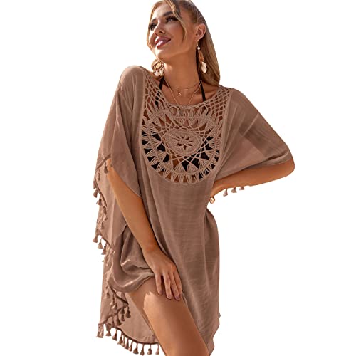 Damen Badeanzug Strandmode Schlafshirt Ausgehöhlt Gehäkelt Badeanzug Quasten Vertuschungen Bademode Kleid von Klaisy