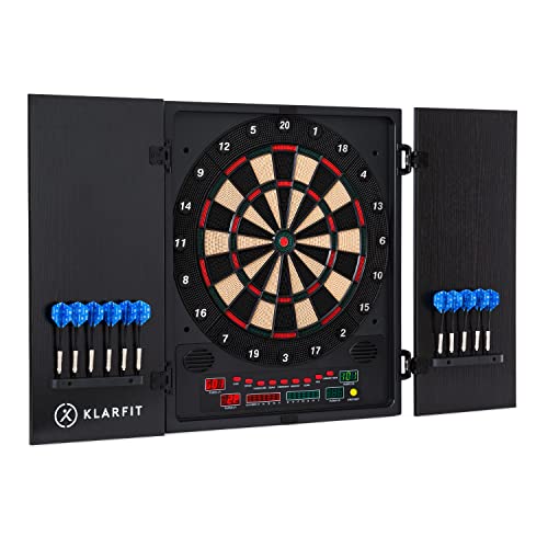 Klarfit Dartscheibe Elektronisch, Profi Dartscheibe für Kinder & Erwachsene, Elektronische Dartscheibe mit 12 Bunten Dartpfeilen & Dartcomputer mit LED-Display, E Dartscheibe mit Türen & Pfeile von Klarfit